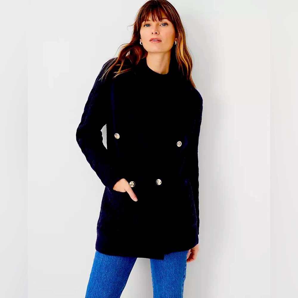 NWT Ann Taylor Petite Small Navy Cable Double Breasted Coatigan Sweater Cardigan
